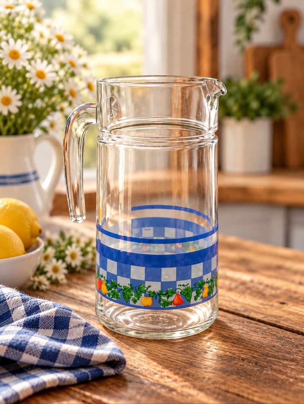 Vintage Arcopal Country  Kitchen Cottage Style Juice Pitcher, Glass